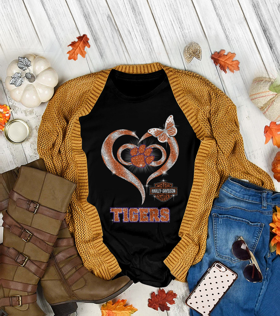Clemson Tigers Harley Davidson Heart With Paw Print And Butterfly T-Shirt