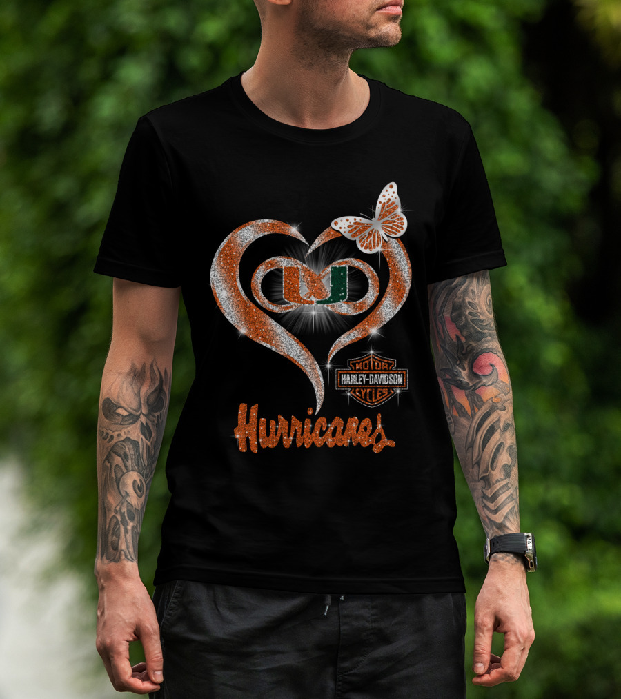 Miami Hurricanes U Heart Harley Davidson Butterfly Sparkle T-Shirt