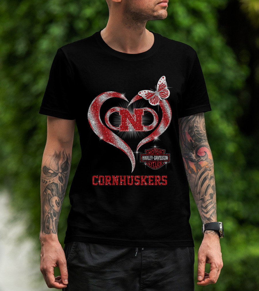 Nebraska Cornhuskers Heart Butterfly Harley Davidson Styles T-Shirt
