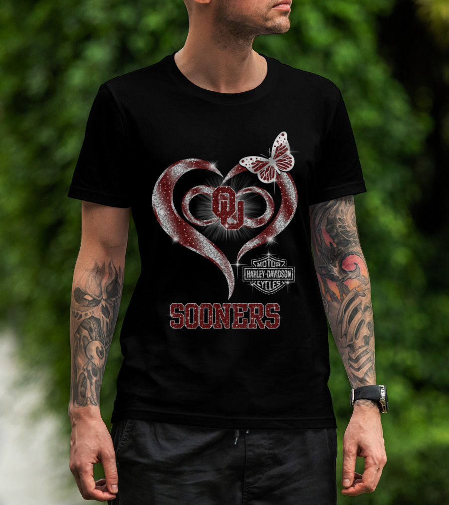 Ou Sooners Harley Davidson Heart Butterfly T-Shirt