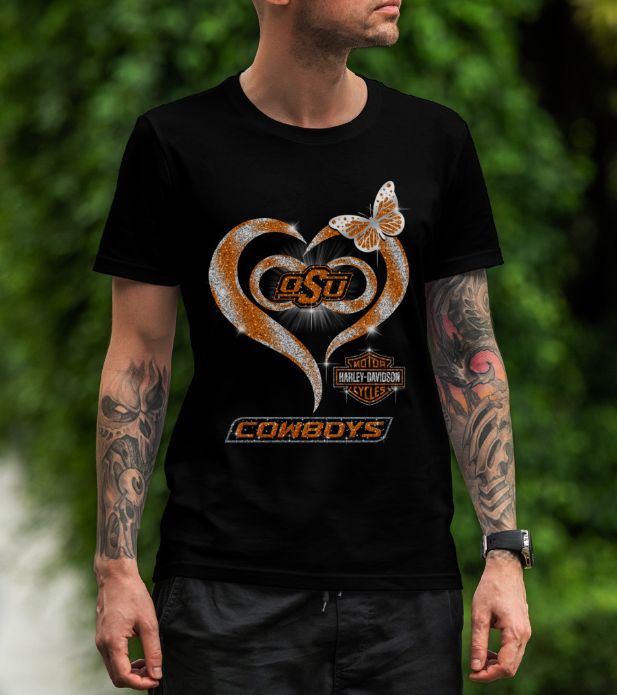 Osu Cowboys Heart Harley Davidson Sparkle Butterfly T-Shirt