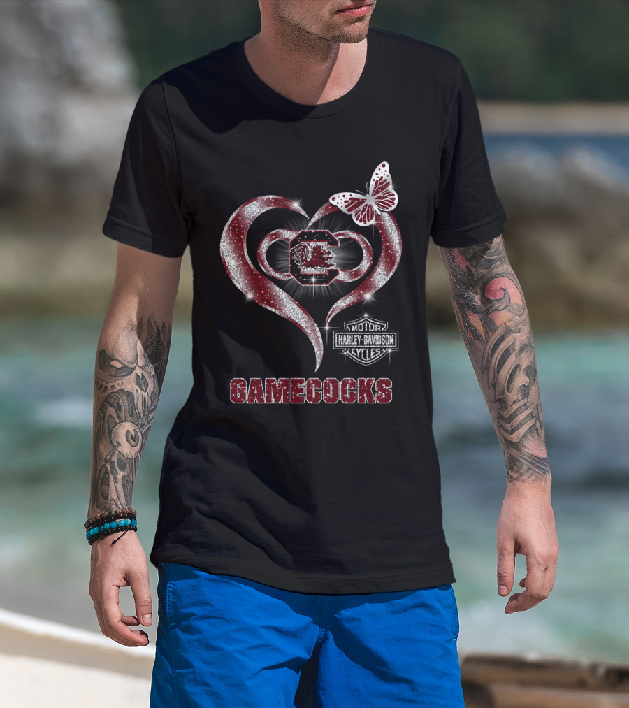 Harley Davidson Gamecocks Heart Butterfly Logo South Carolina T-Shirt