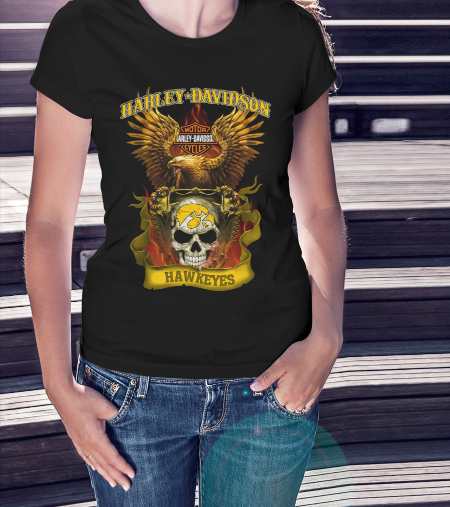 Harley Davidson Motorcycles Hawkeyes Iowa Hawkeyes Eagle Skull Flame T-Shirt