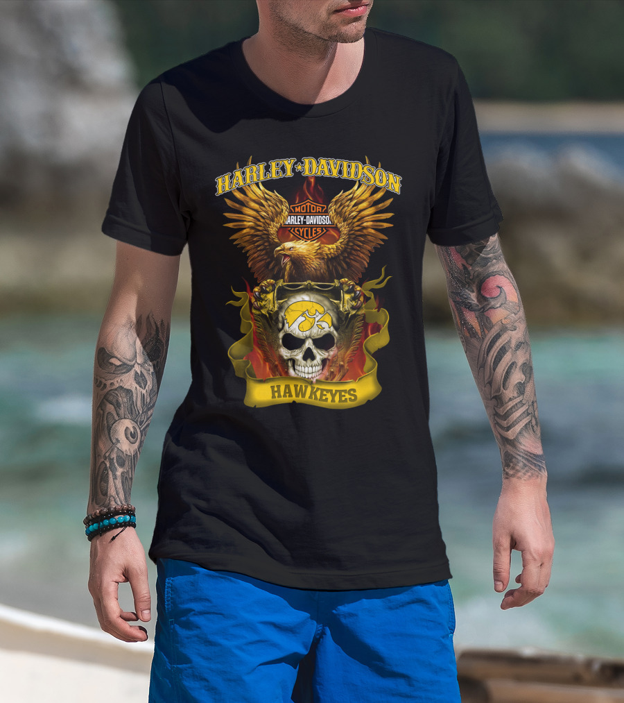 Harley Davidson Motorcycles Hawkeyes Iowa Hawkeyes Eagle Skull Flame T-Shirt