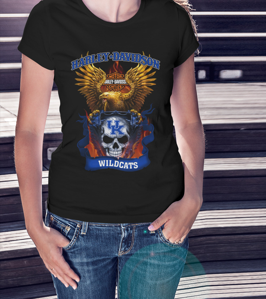 Harley Davidson Motor Cycles Kentucky Wildcats Skull Eagle Flames T-Shirt
