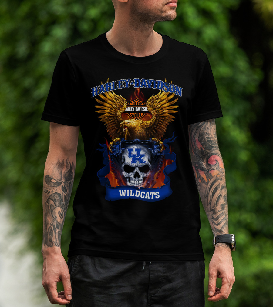 Harley Davidson Motor Cycles Kentucky Wildcats Skull Eagle Flames T-Shirt
