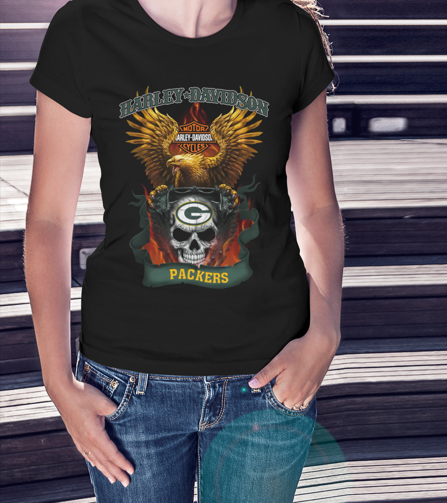 Harley Davidson Motorcycles Green Bay Packers Eagle Skull T-Shirt