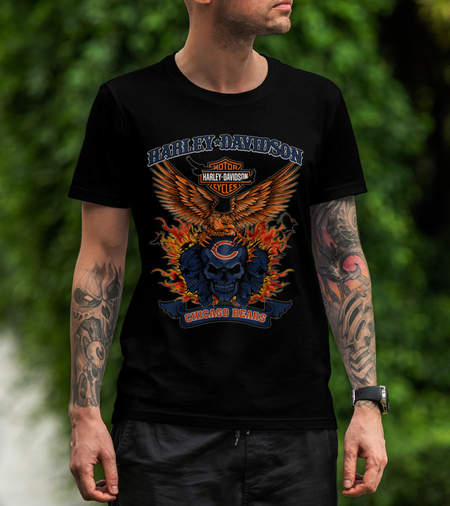 Harley Davidson Motor Cycles Chicago Bears Flame Skull T-Shirt