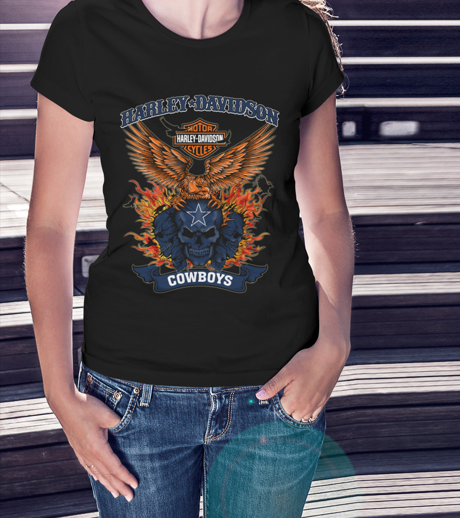 Harley Davidson Motorcycles Cowboys Skull Flames Eagle T-Shirt