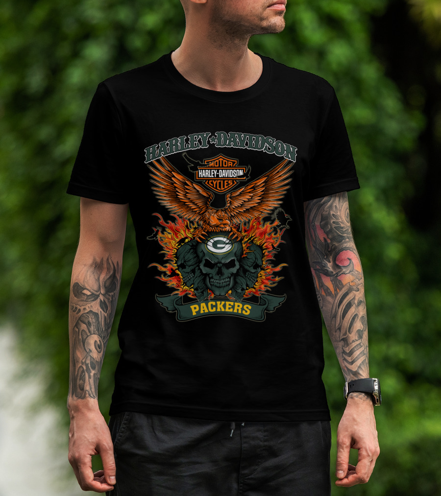 Harley Davidson Motor Cycles Packers Eagle And Skull Fire 0304 Nfl Green Bay T-Shirt