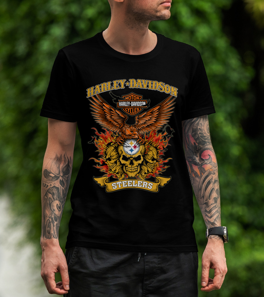 Harley Davidson Motorcycles Steelers Skull With Fire And Eagle 0304 Nfl Pittsburgh Steelers T-Shirt