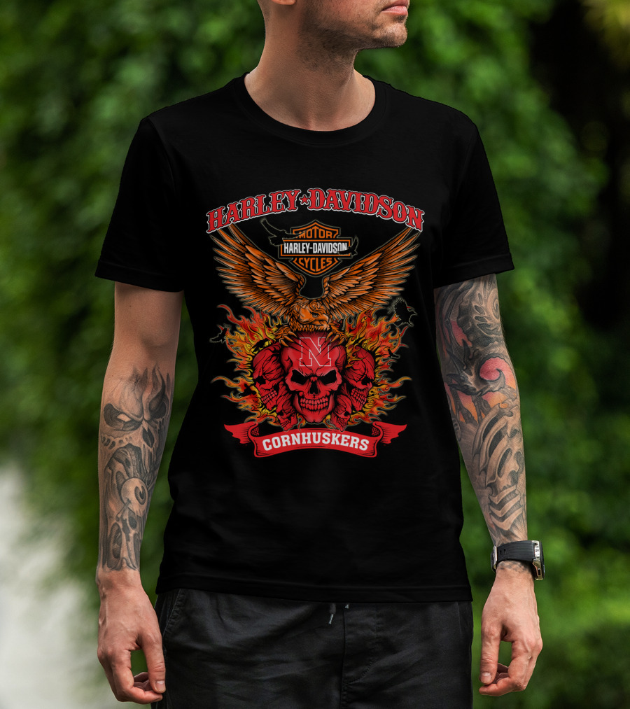 Harley Davidson Nebraska Cornhuskers Skull Flames 0304 Ncaa T-Shirt