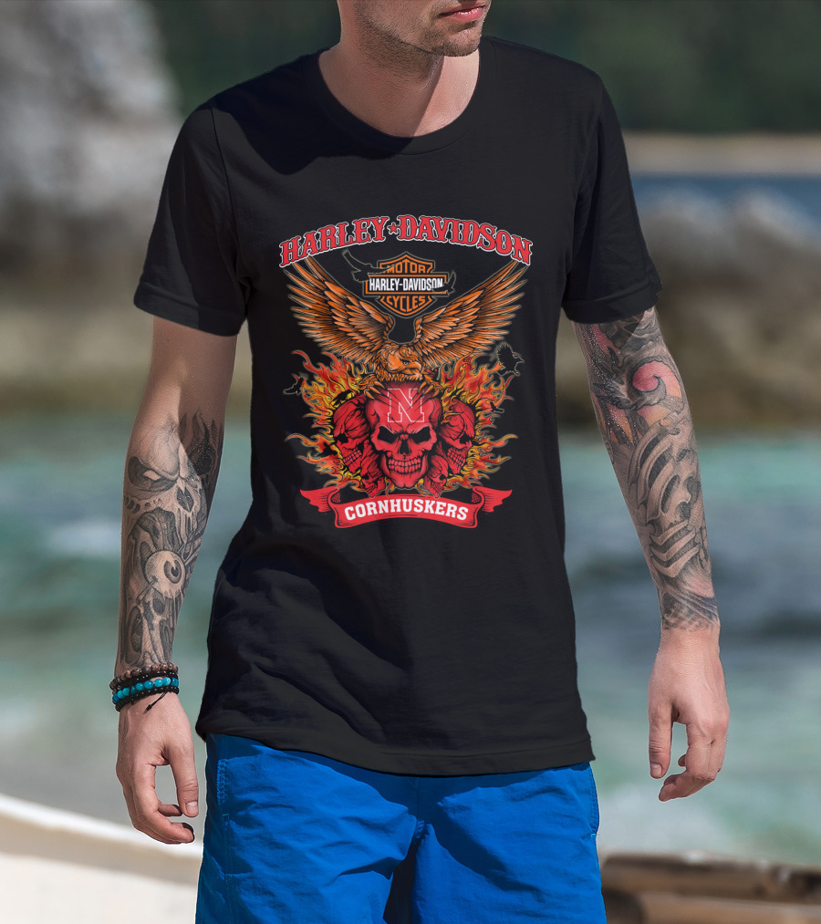 Harley Davidson Nebraska Cornhuskers Skull Flames 0304 Ncaa T-Shirt