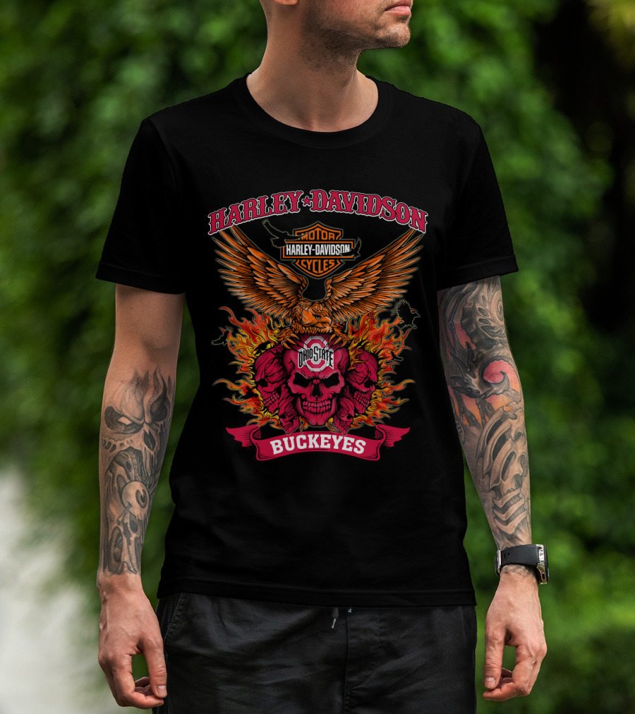 Harley Davidson Ohio State Buckeyes Skull Flames Eagle Wings T-Shirt
