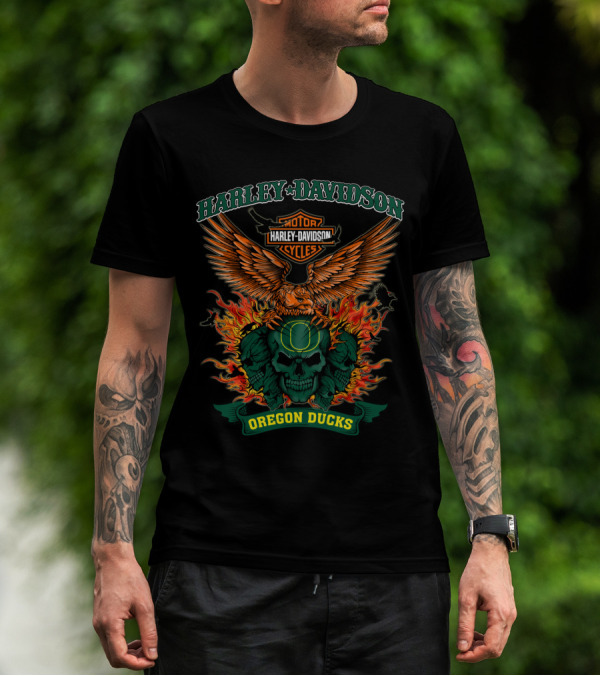 Harley Davidson Oregon Ducks Flaming Skull Eagle T-Shirt
