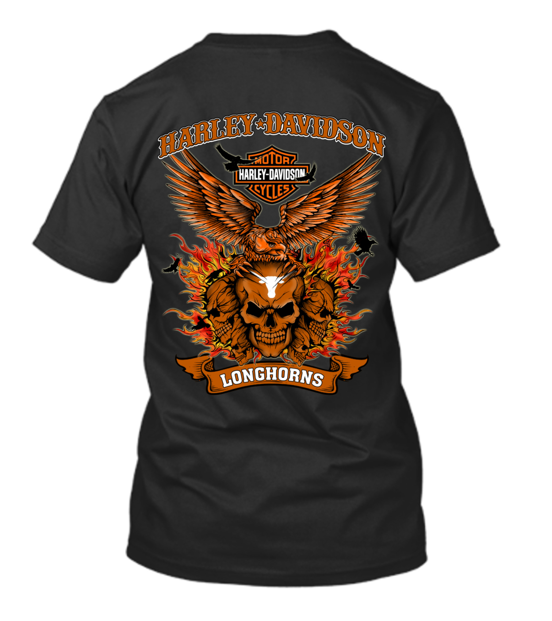 Harley Davidson Motor Cycles Longhorns Flaming Skull Eagle T-Shirt