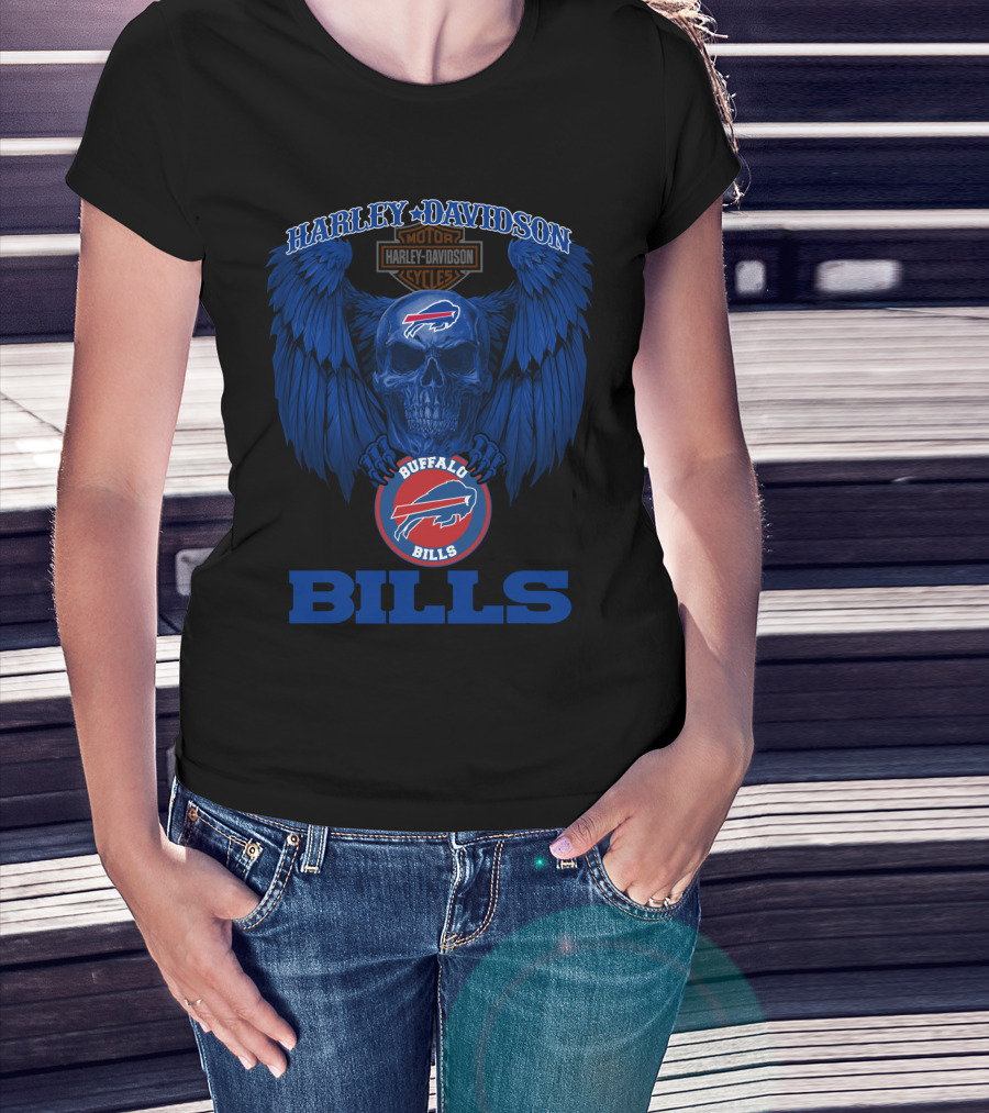 Harley Davidson Buffalo Bills Nfl Skull And Wings T-Shirt