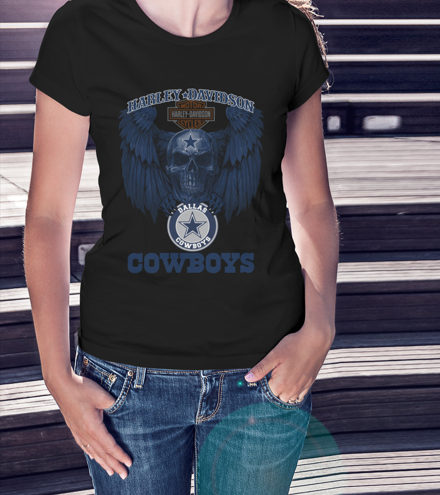 Harley Davidson Dallas Cowboys Cowboys Nfl Skull Wings T-Shirt