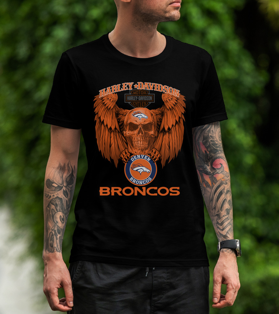 Harley Davidson Denver Broncos Nfl Skull Wings T-Shirt