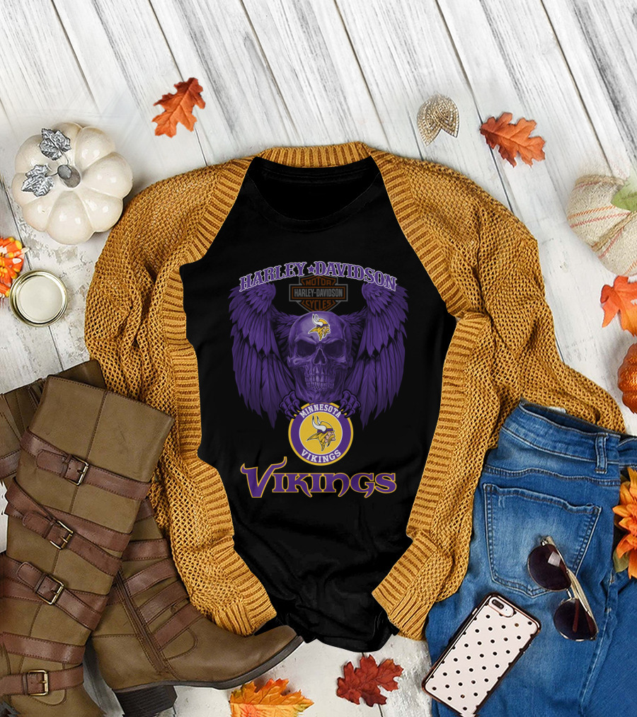 Harley Davidson Minnesota Vikings Motorcycles Purple Skull Wings T-Shirt