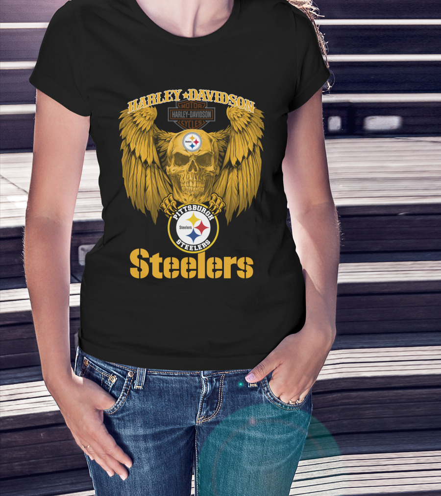 Harley Davidson Pittsburgh Steelers Skull Motor Cycles Winged T-Shirt
