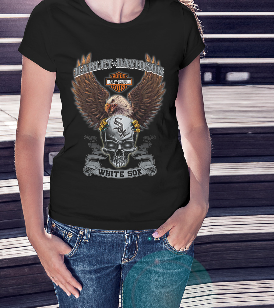 Harley Davidson Motor Cycles Eagle Skull White Sox T-Shirt