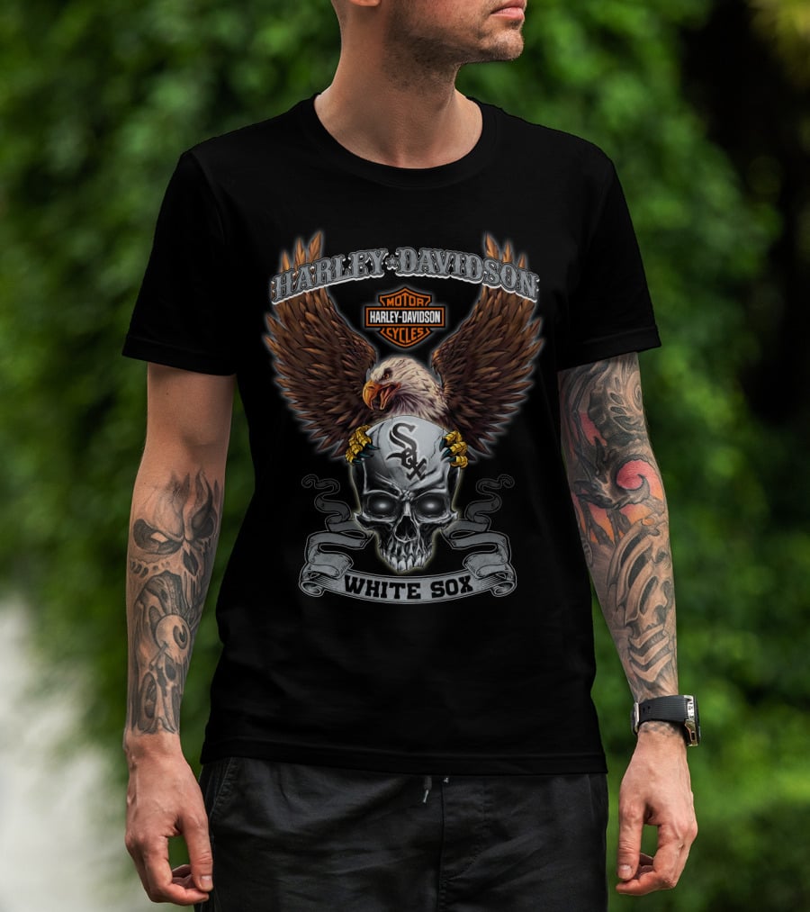Harley Davidson Motor Cycles Eagle Skull White Sox T-Shirt