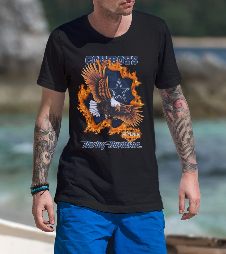 Cowboys Harley Davidson Eagle With Star And Flames T-Shirt