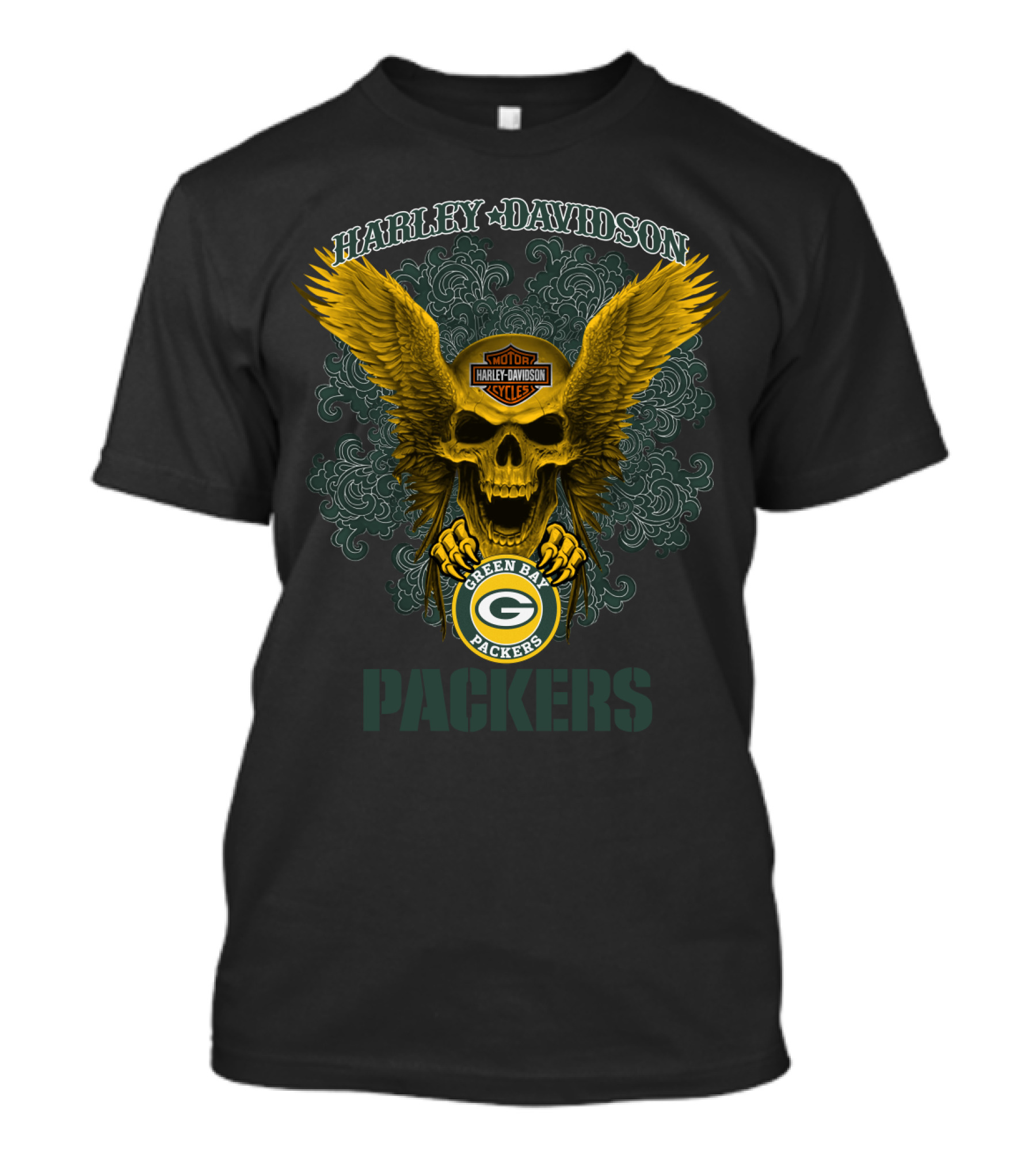 Harley Davidson Green Bay Packers Skull Wings T-Shirt