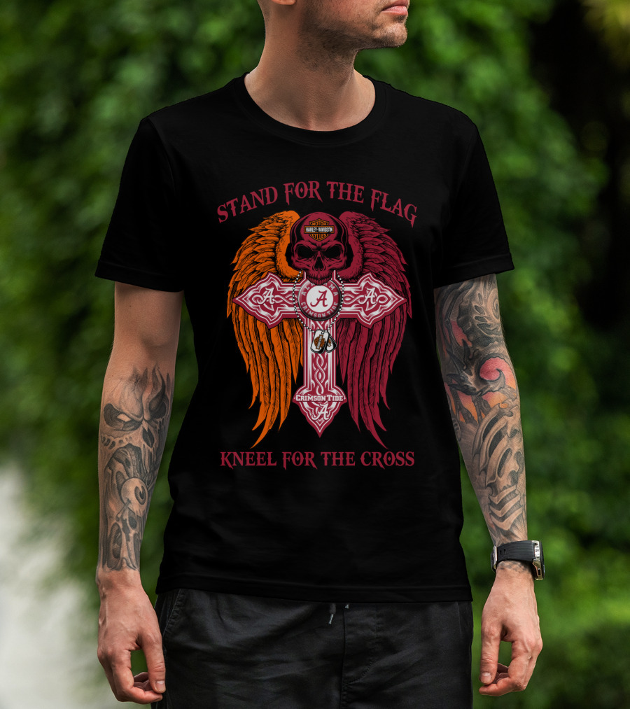 Stand For The Flag Kneel For The Cross Alabama Crimson Tide Harley Davidson Skulls Wings T-Shirt