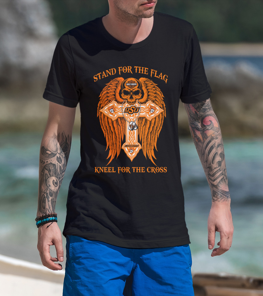 Stand For The Flag Kneel For The Cross Oklahoma State Cowboys Skull Cross T-Shirt