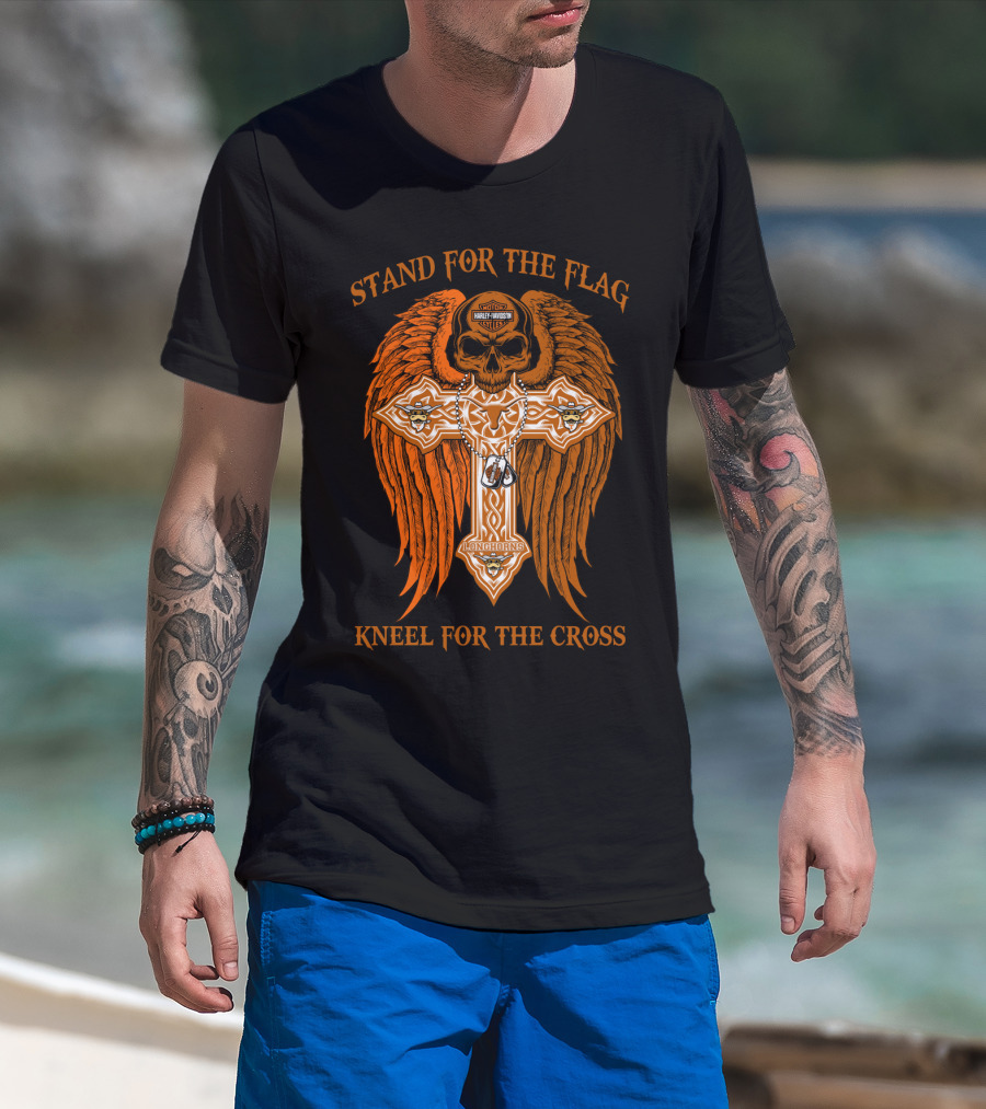 Stand For The Flag Kneel For The Cross Texas Longhorns Skull Wings Cross T-Shirt