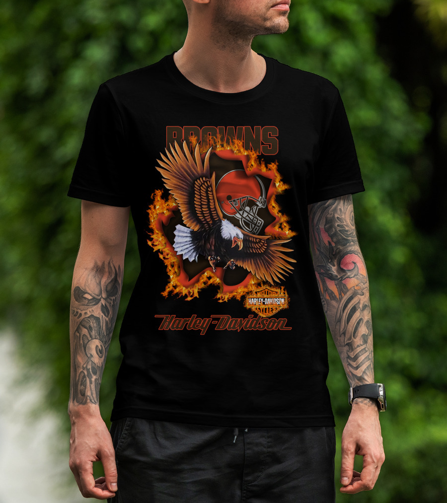 Browns Harley Davidson Nfl 84 Cleveland Browns Eagle Helmet Flames T-Shirt