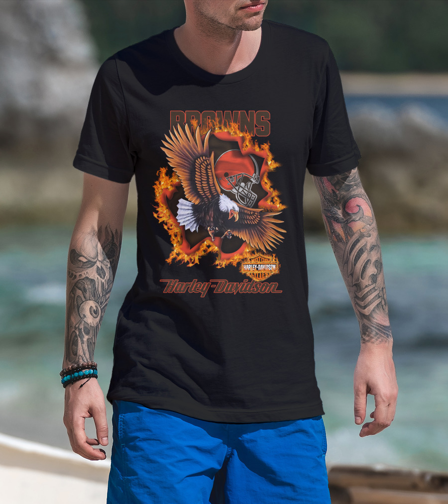Browns Harley Davidson Nfl 84 Cleveland Browns Eagle Helmet Flames T-Shirt