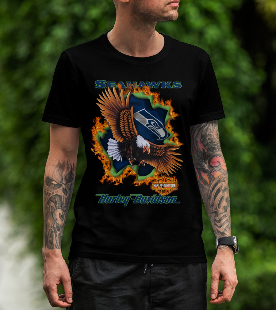 Seahawks Harley Davidson Nfl 84 Seattle Eagle Flame T-Shirt
