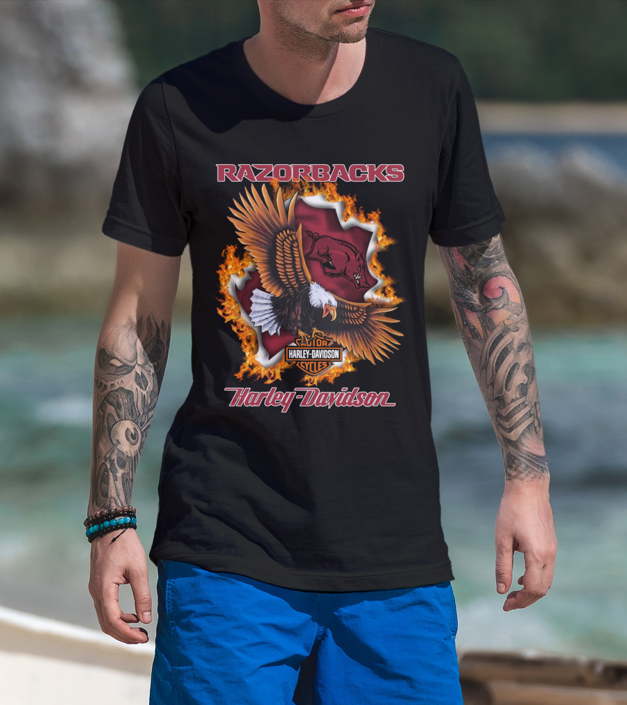 Razorbacks Harley Davidson Cycles Eagle And Flame T-Shirt
