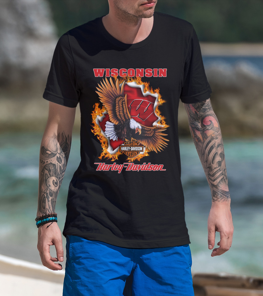 Wisconsin Harley Davidson Ncaa Badgers Flames Eagle T-Shirt