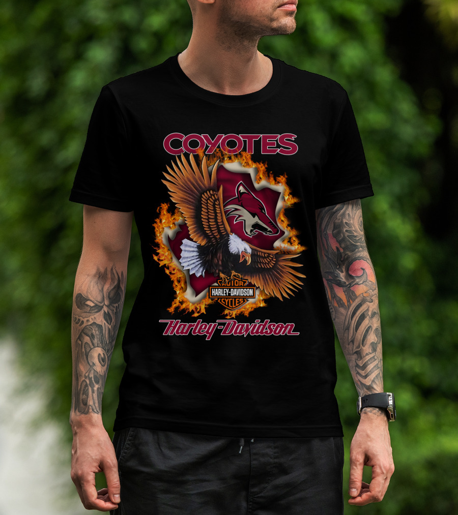 Harley Davidson Arizona Coyotes Nhl Logo Flames Eagle T-Shirt