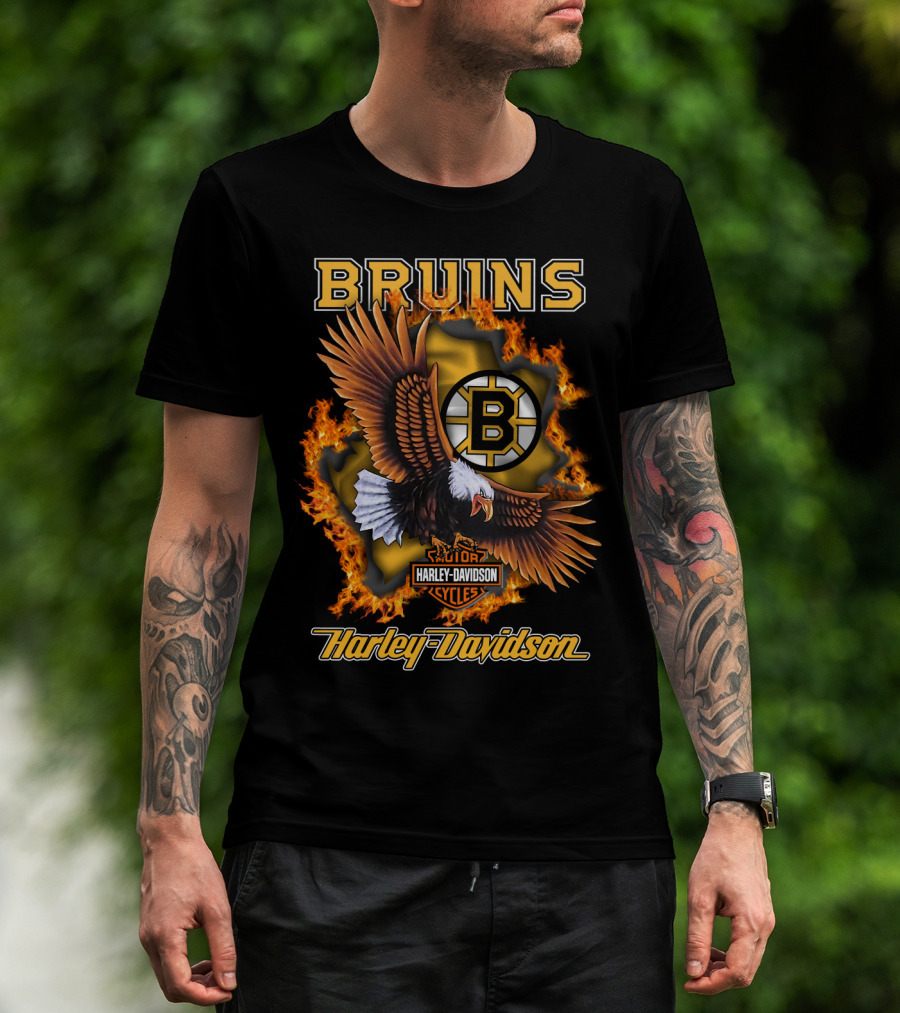 Boston Bruins Harley Davidson Cycles Eagle Flames T-Shirt