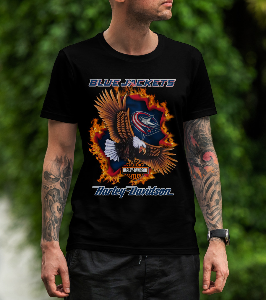 Blue Jackets Harley Davidson Columbus Nhl Cycles Eagle Flame T-Shirt