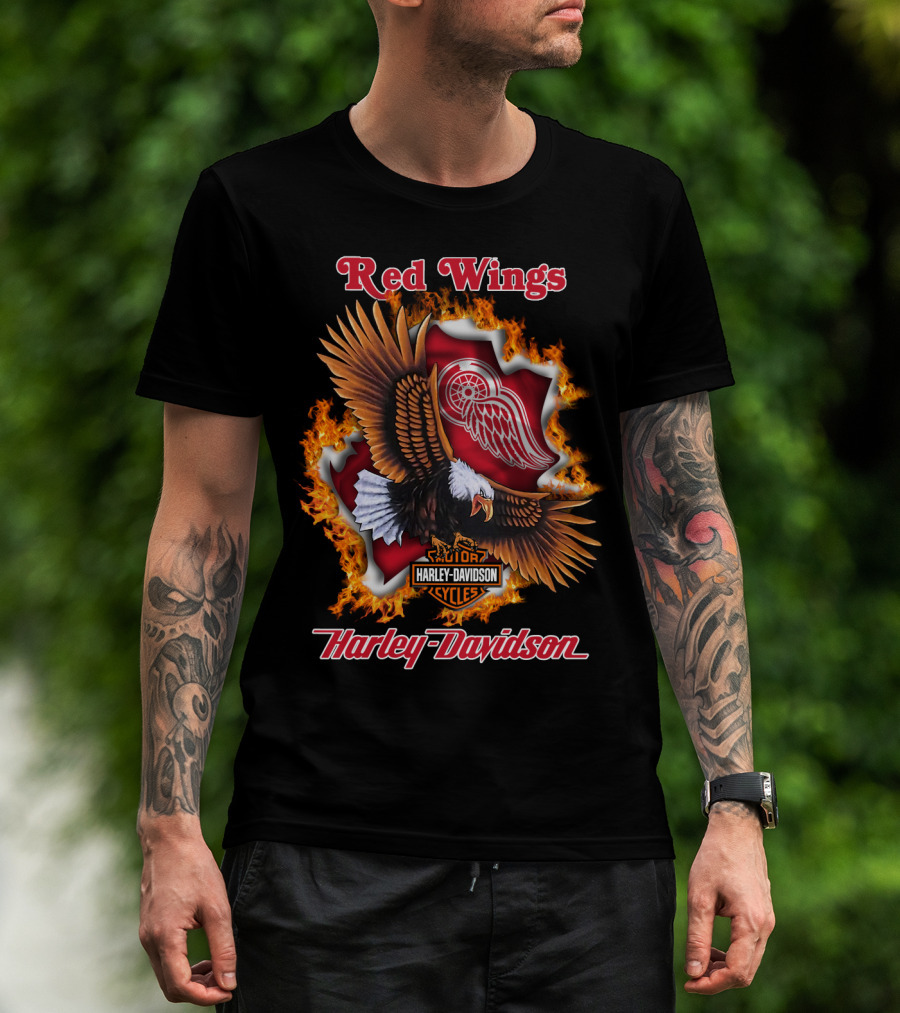 Red Wings Harley Davidson Detroit Nhl Eagle Logo Flames T-Shirt