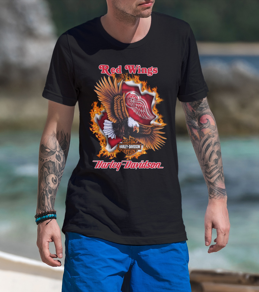 Red Wings Harley Davidson Detroit Nhl Eagle Logo Flames T-Shirt