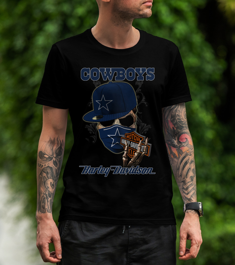 Cowboys Harley Davidson Skull With Cap And Mask Nfl Dallas 04.13 T-Shirt