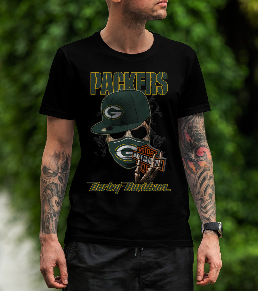 Packers Harley Davidson Skull With Green Bay Packers Cap And Bandana T-Shirt