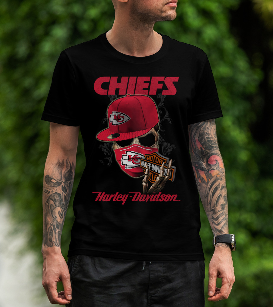 Kansas City Chiefs Harley Davidson Skull And Cap T-Shirt