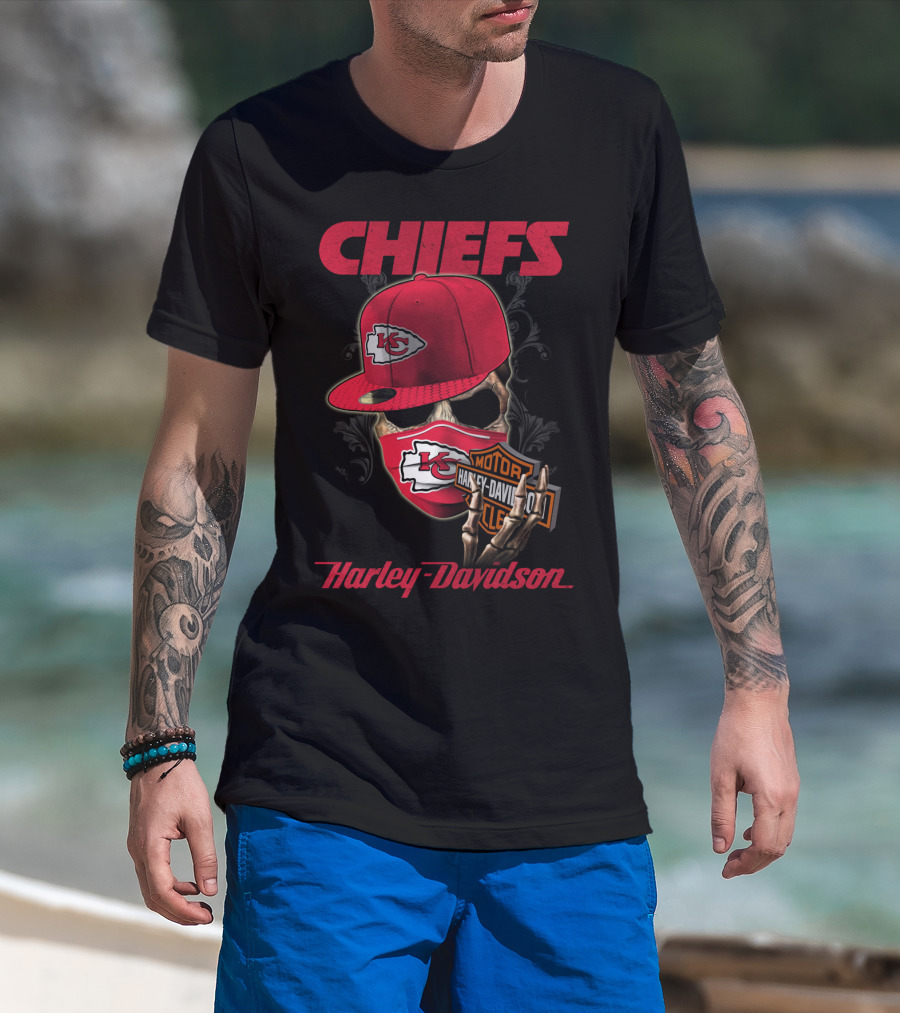 Kansas City Chiefs Harley Davidson Skull And Cap T-Shirt