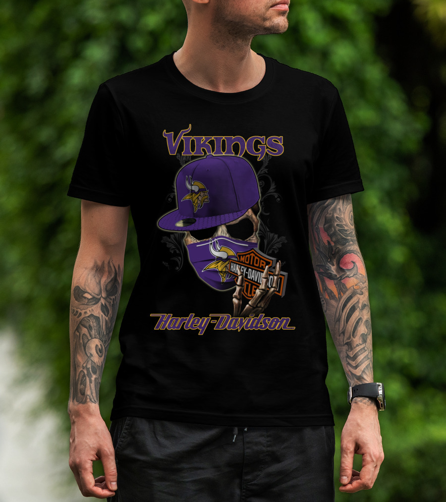 Vikings Harley Davidson Skeleton Wearing Nfl Minnesota Vikings Hat And Mask T-Shirt