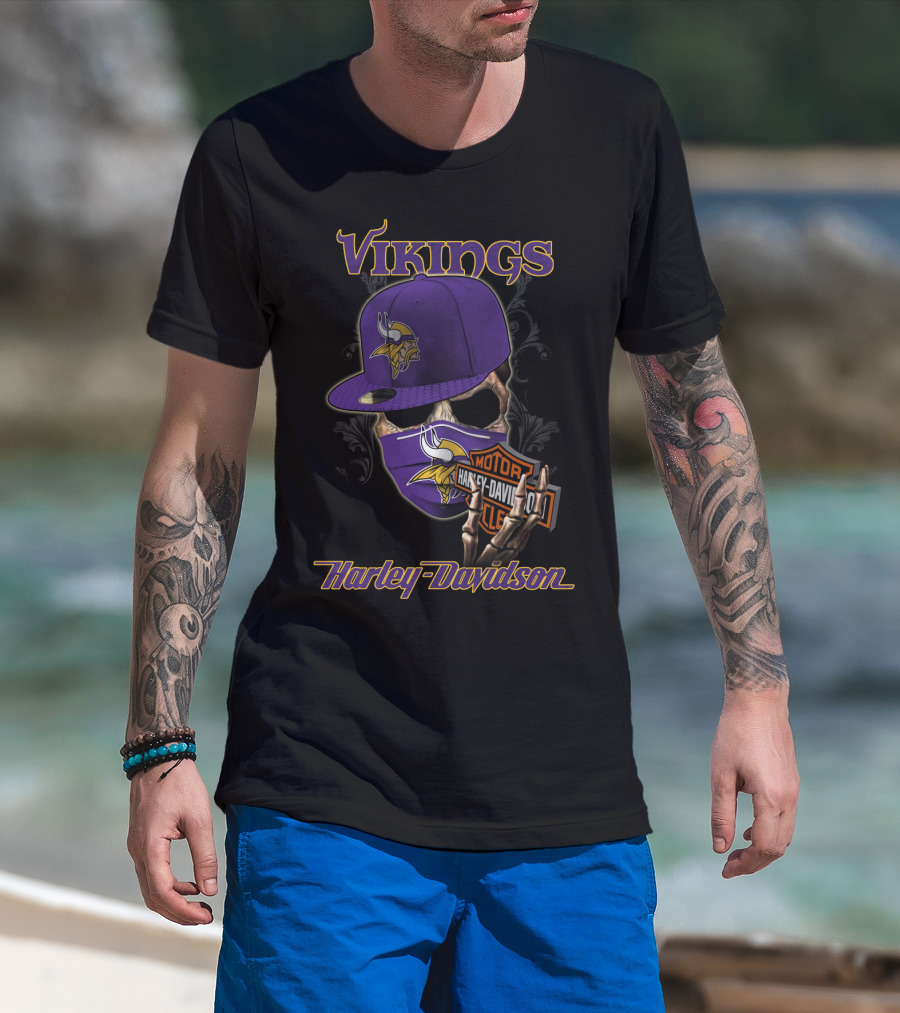 Vikings Harley Davidson Skeleton Wearing Nfl Minnesota Vikings Hat And Mask T-Shirt