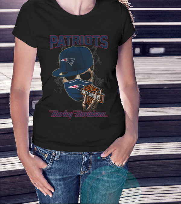 Harley Davidson New England Patriots Skull With Cap And Mask T-Shirt