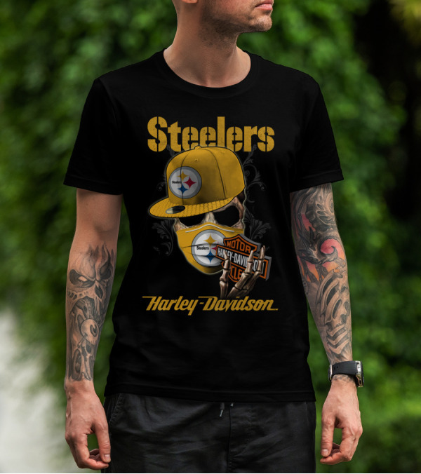 Steelers Harley Davidson Skull With Cap And Motorcycle T-Shirt